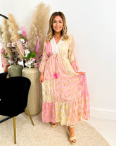 The Lyra- Boho Gold Feather Tiered Maxi Dress